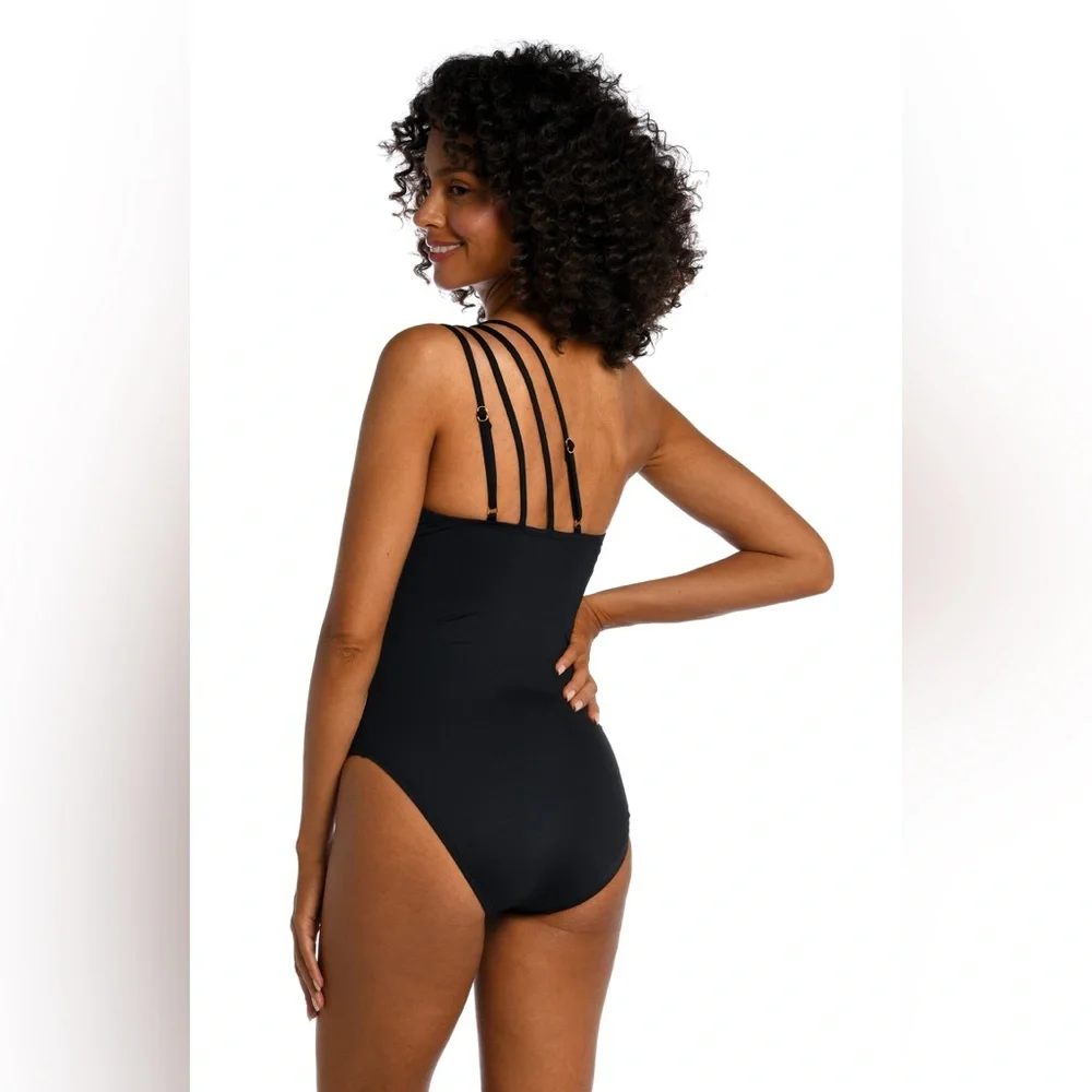 La Blanca Island Goddess Strappy One Shoulder One Piece - Black, size 12, $120 - Picture 2 of 9